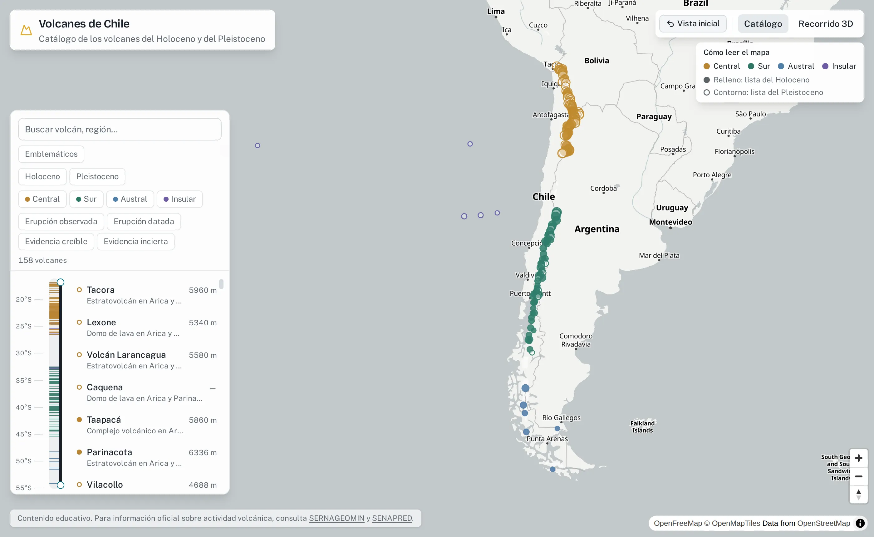 El catálogo de Volcanes de Chile. Un mapa de Sudamérica con los volcanes de Chile como puntos a lo largo de los Andes, coloreados por zona volcánica (Central en ocre, Sur en verde, Austral en azul, insular en morado). A la izquierda, un panel con búsqueda, botones de filtro, un conteo de 158 volcanes y una lista, junto a una franja de latitud de 20°S a 55°S. Una leyenda arriba a la derecha explica los colores y que los puntos rellenos son volcanes del Holoceno y los de contorno, del Pleistoceno.